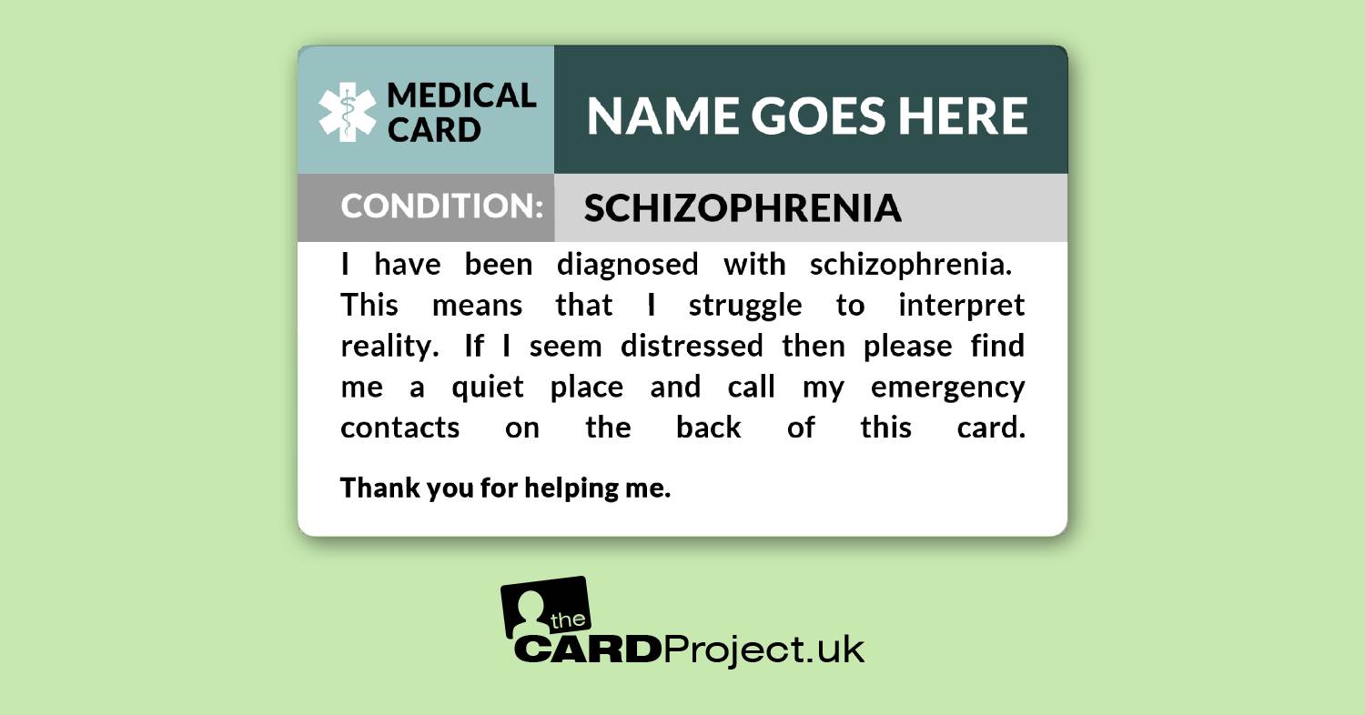 Schizophrenia Awareness Medical ID Alert Card, Mental Health Disorder Emergency Card  (FRONT)
